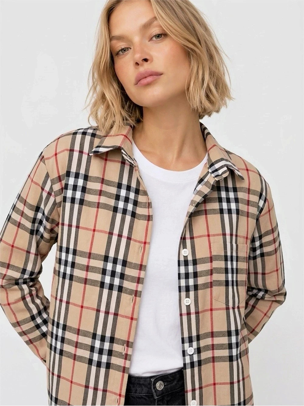 Fashion Classics Plaid Button Down Shirt in Beige & Black Like New